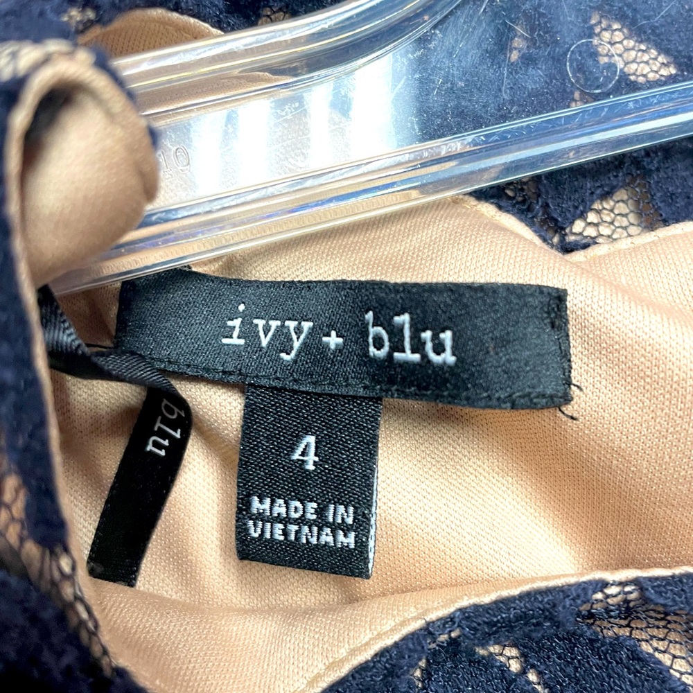 Ivy + Blu Navy Blue And Nude Tan Underlay Lace Fit and Flare Dress Sz 4 - Picture 4 of 5